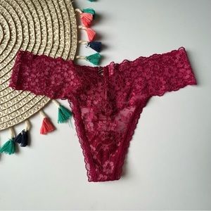 Victoria's Secret Posey Lace Lace-Up Thong Panty Claret Red Small NEW